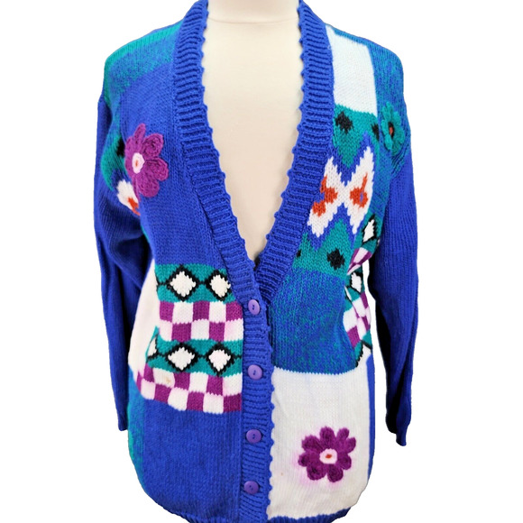 Vtg Cynthia J Sweater Women 1X 80-90s Granny Cardigan Knit Patchwork Cottagecore - Picture 2 of 13
